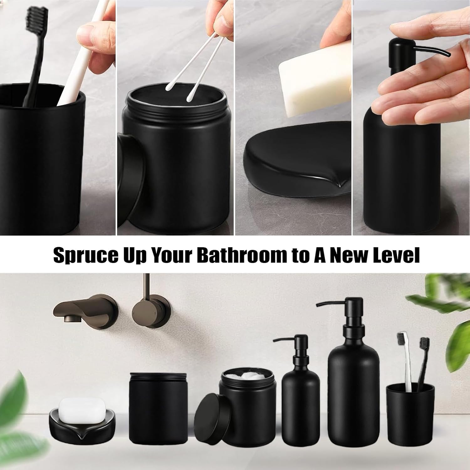 6 Pcs Matte Black Bathroom Accessories Set, Modern Luxury Liquid Soap Dispenser & Toothbrush Holder, Farmhouse Vanity Organizer with Cotton Swab Dispenser, Soap Dish, Tumbler for Bathroom Decor
